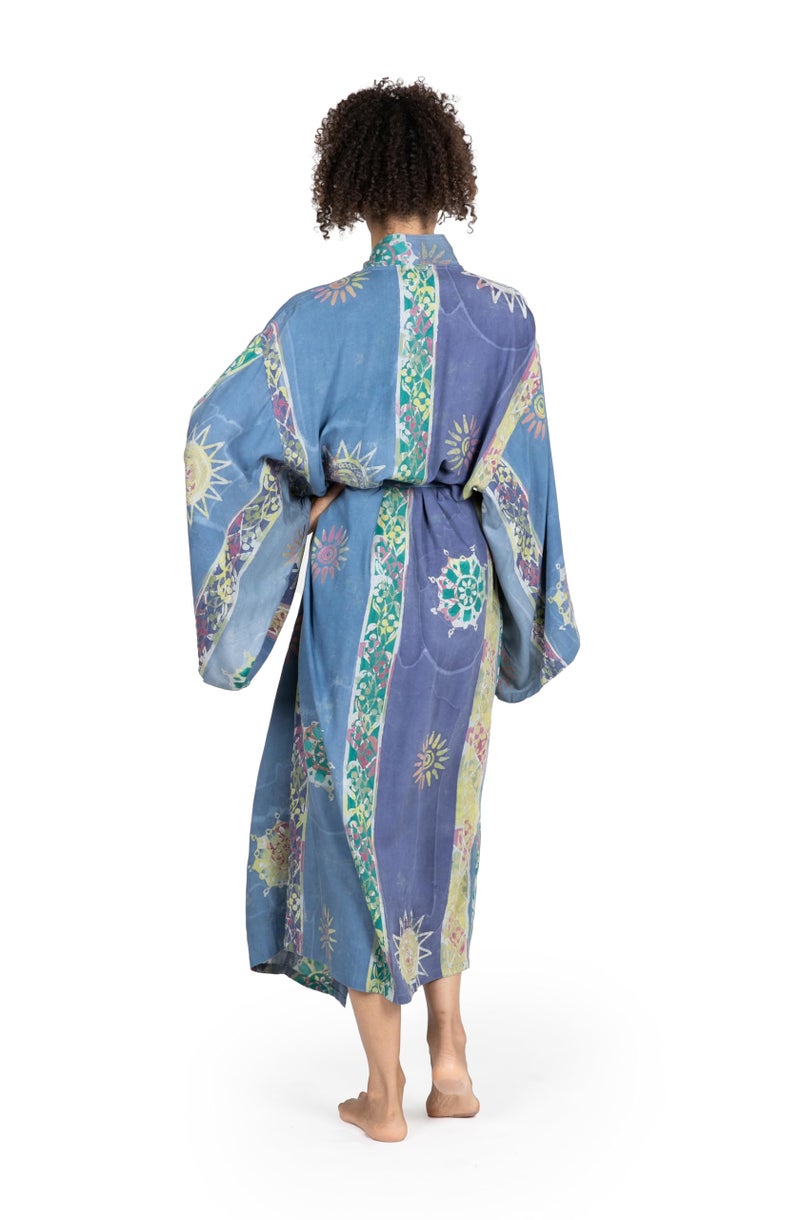 NOVICA Artisan Hand-Painted Long Kimono Patterned Robe with Pockets for Women Lightweight Loungewear from Indonesia ' Blue Baliku' - Image 4
